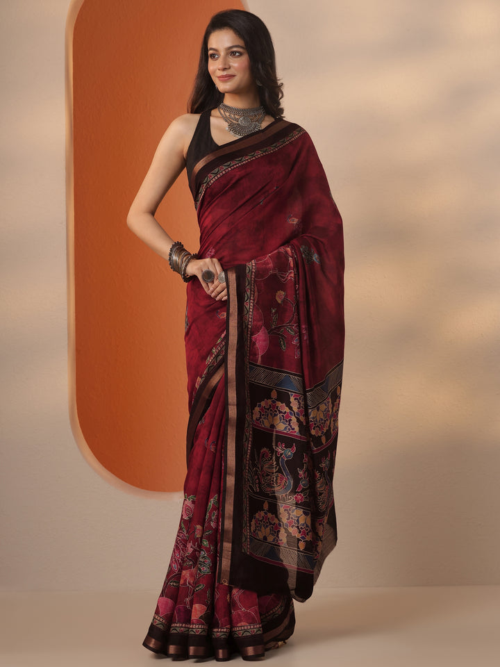 Brown Printed Silk Blend Saree With Unstitched Blouse Piece