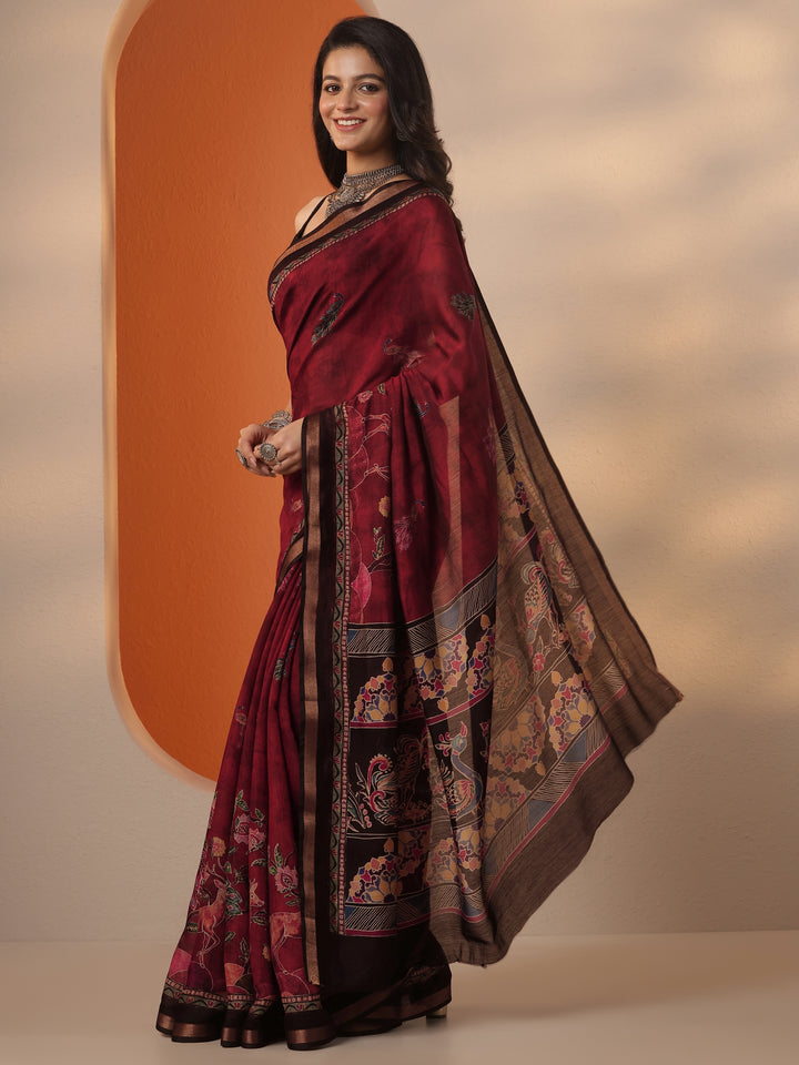 Brown Printed Silk Blend Saree With Unstitched Blouse Piece