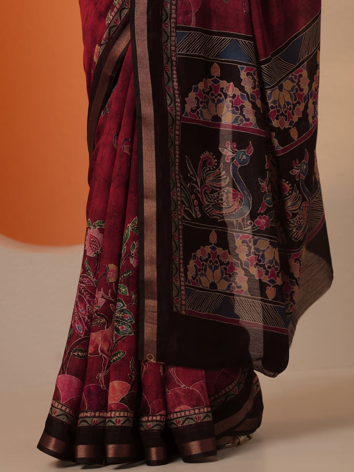 Brown Printed Silk Blend Saree With Unstitched Blouse Piece