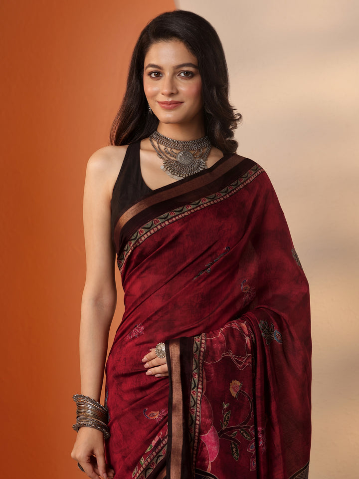 Brown Printed Silk Blend Saree With Unstitched Blouse Piece