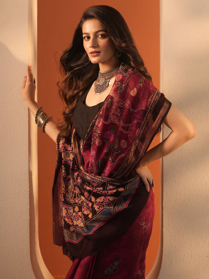 Brown Printed Silk Blend Saree With Unstitched Blouse Piece