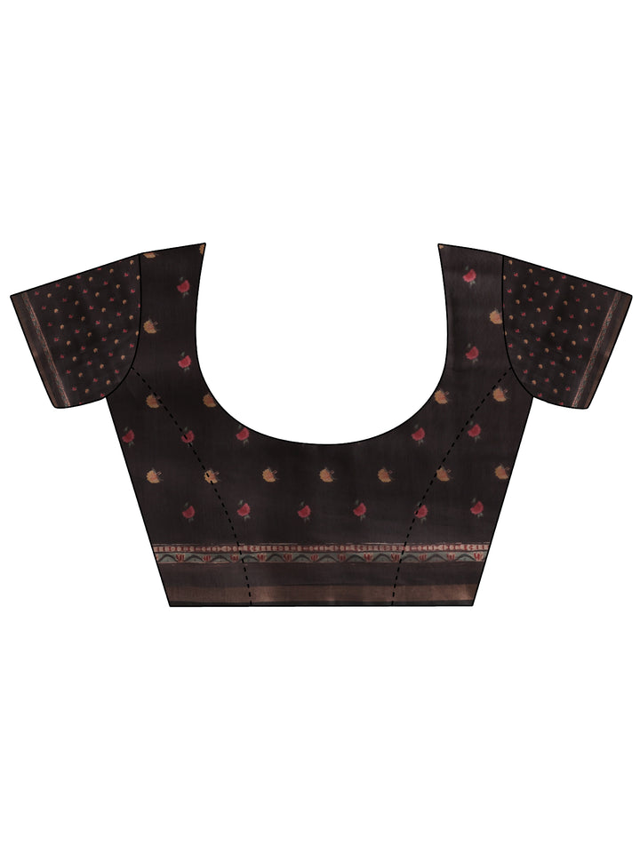 Brown Printed Silk Blend Saree With Unstitched Blouse Piece