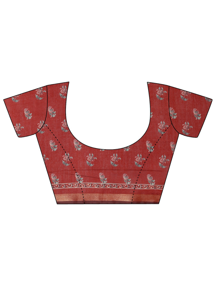 Teal Printed Silk Blend Saree With Unstitched Blouse Piece