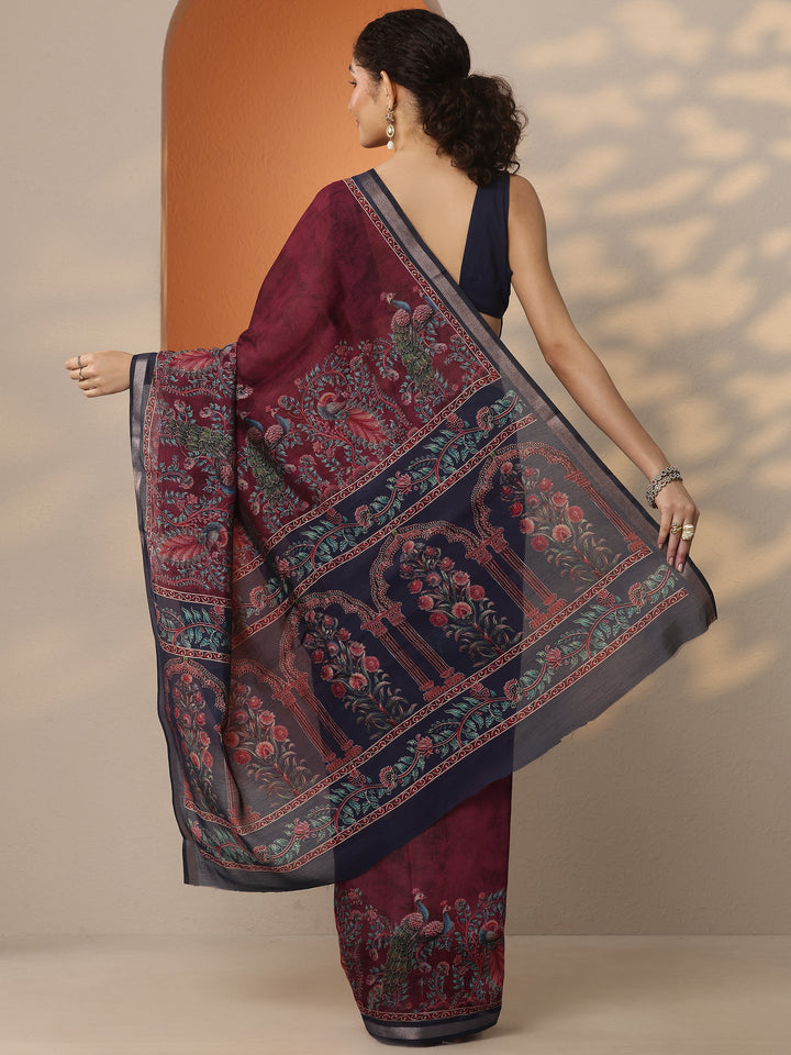 Maroon Printed Silk Blend Saree With Unstitched Blouse Piece