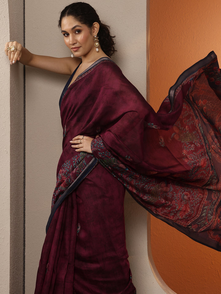 Maroon Printed Silk Blend Saree With Unstitched Blouse Piece