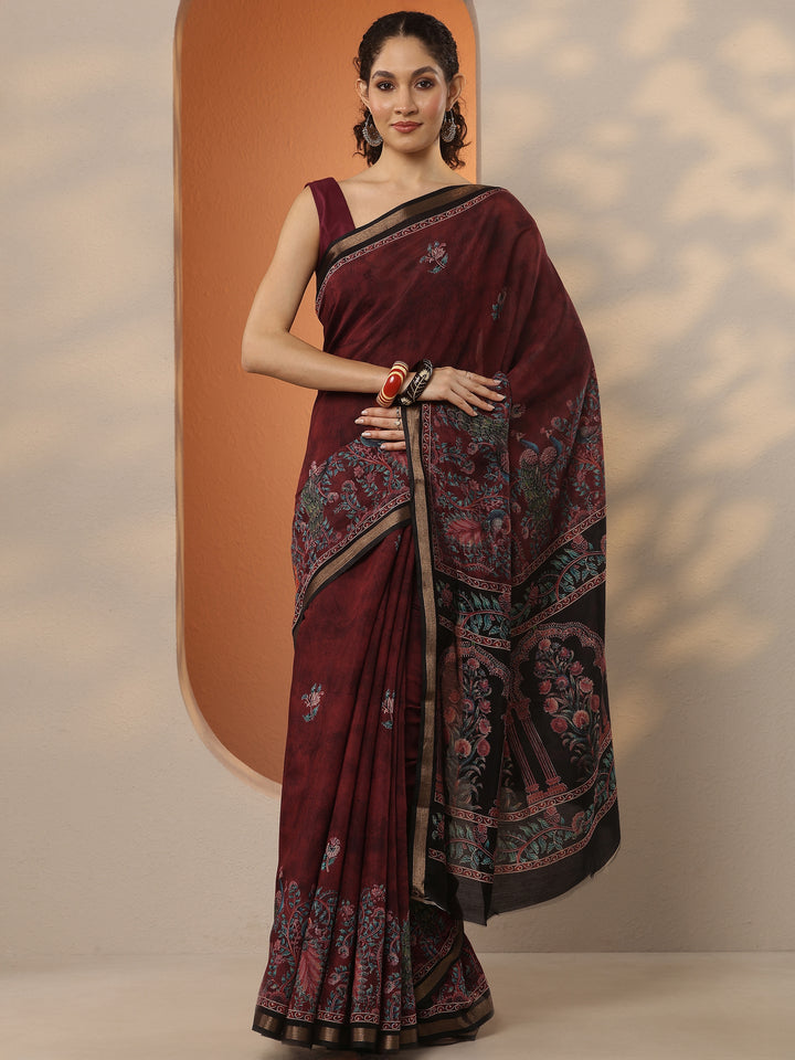 Red Printed Silk Blend Saree With Unstitched Blouse Piece
