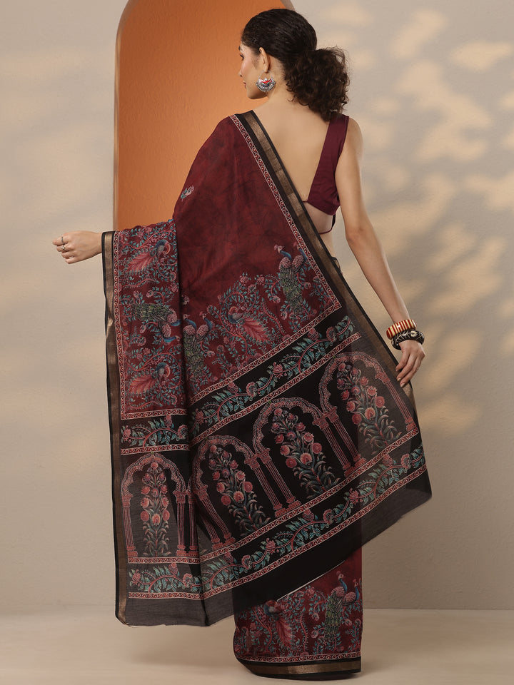 Red Printed Silk Blend Saree With Unstitched Blouse Piece