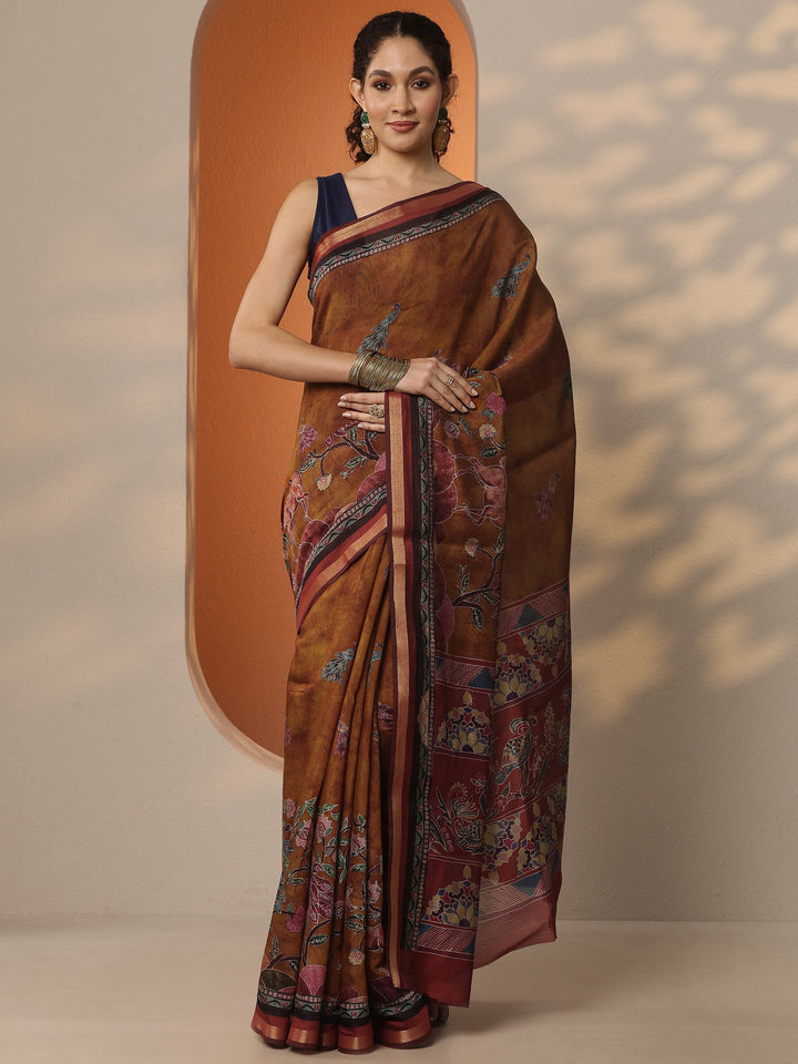 Mustard Printed Silk Blend Saree With Unstitched Blouse Piece