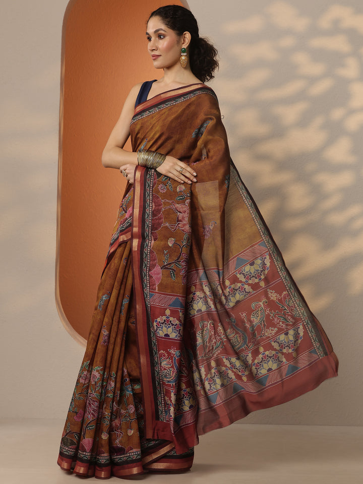 Mustard Printed Silk Blend Saree With Unstitched Blouse Piece
