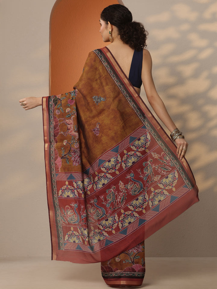 Mustard Printed Silk Blend Saree With Unstitched Blouse Piece