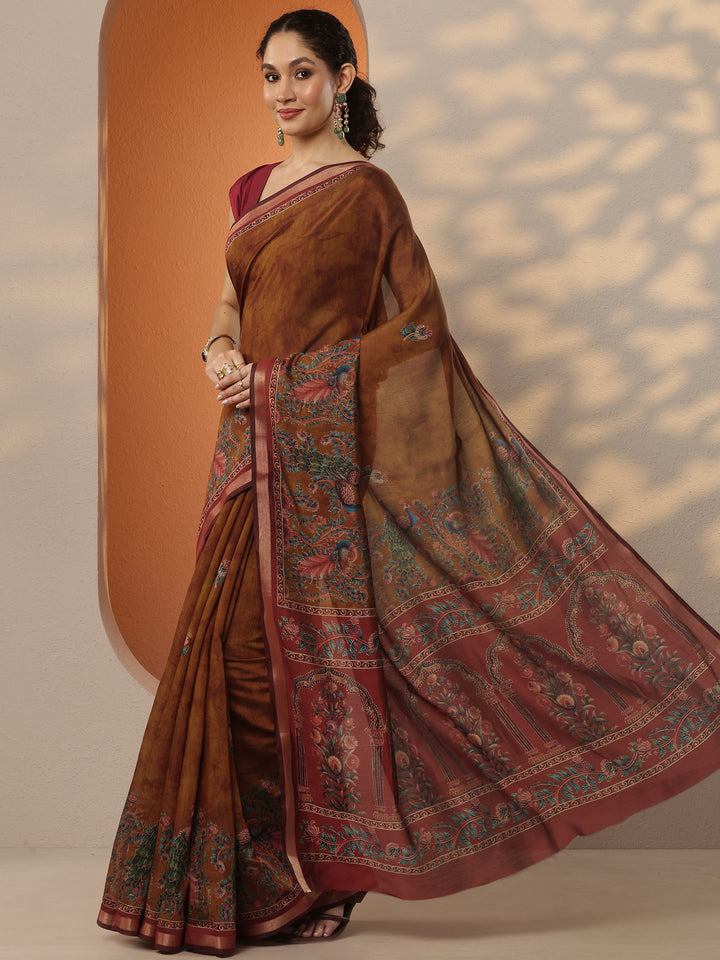 Mustard Printed Silk Blend Saree With Unstitched Blouse Piece