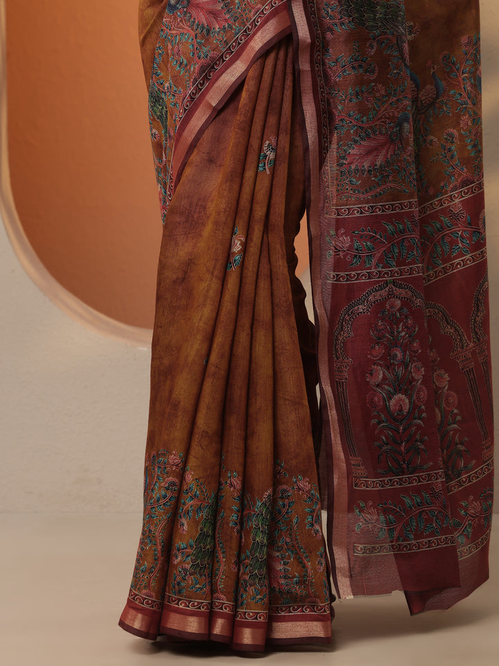 Mustard Printed Silk Blend Saree With Unstitched Blouse Piece