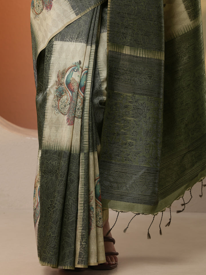 Beige Printed Silk Blend Saree With Unstitched Blouse Piece