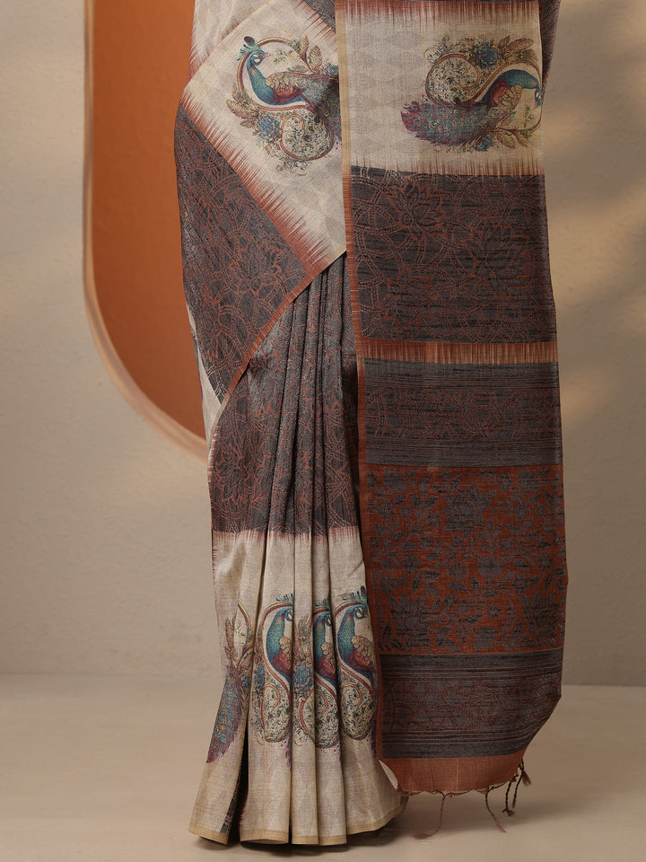 Beige Printed Silk Blend Saree With Unstitched Blouse Piece