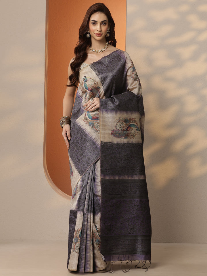 Beige Printed Silk Blend Saree With Unstitched Blouse Piece