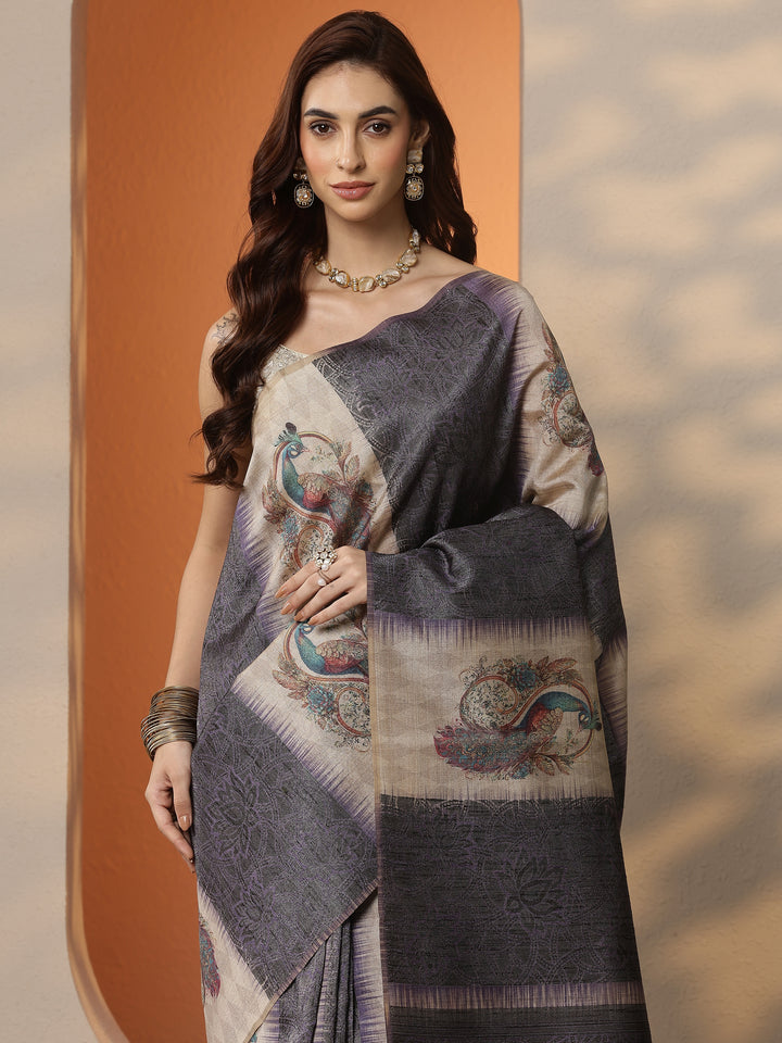 Beige Printed Silk Blend Saree With Unstitched Blouse Piece
