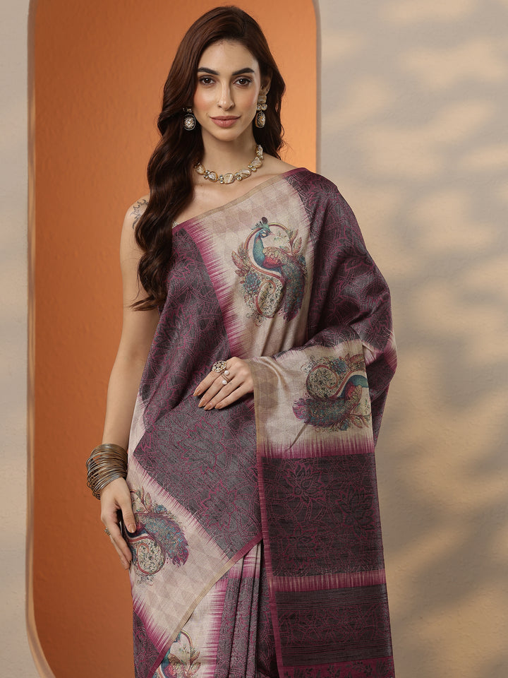 Beige Printed Silk Blend Saree With Unstitched Blouse Piece