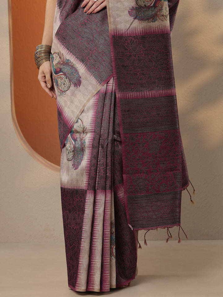 Beige Printed Silk Blend Saree With Unstitched Blouse Piece