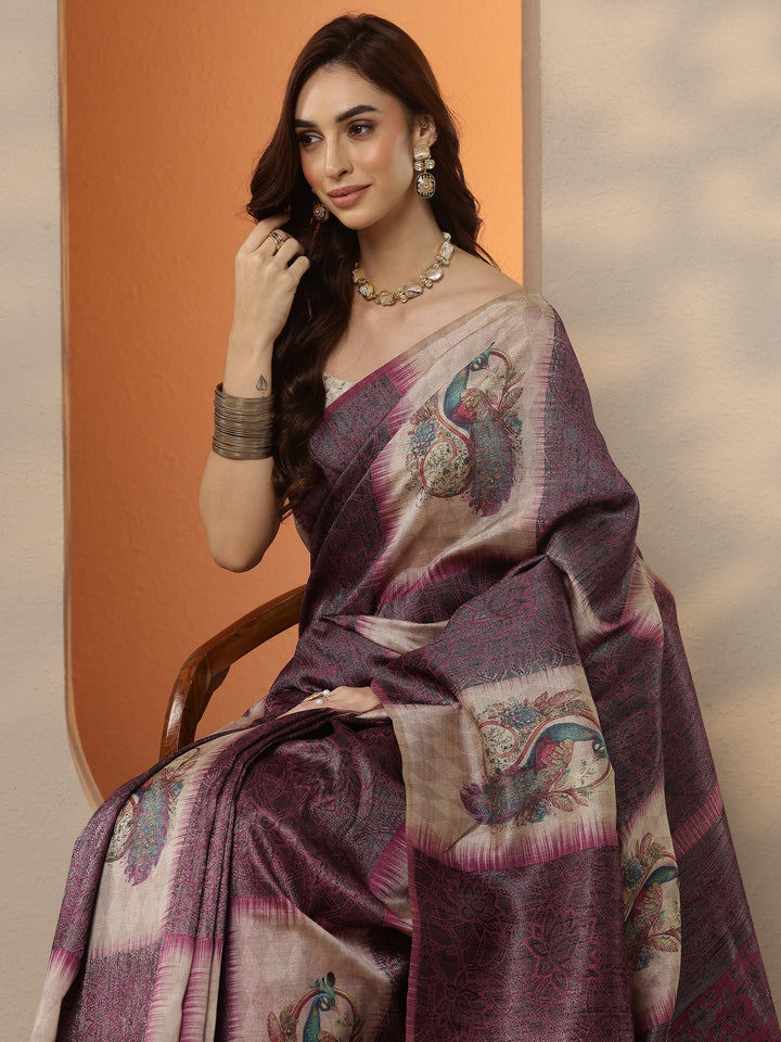 Beige Printed Silk Blend Saree With Unstitched Blouse Piece