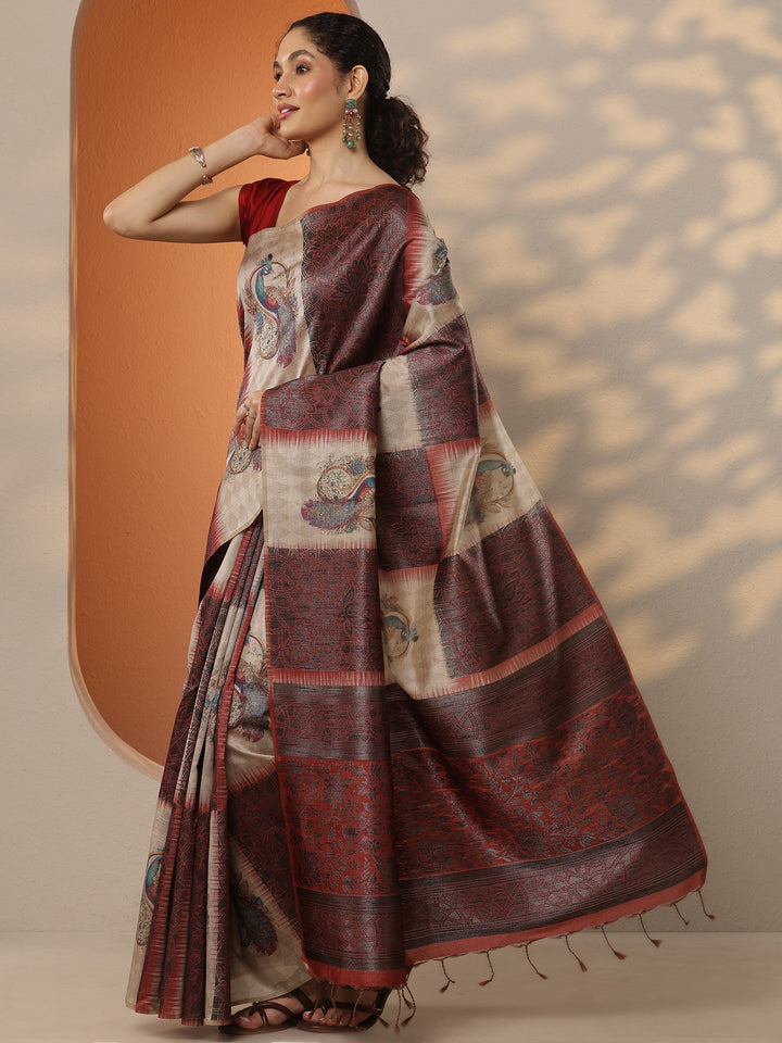 Beige Printed Silk Blend Saree With Unstitched Blouse Piece