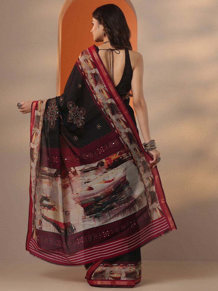 Black Printed Silk Blend Saree With Unstitched Blouse Piece