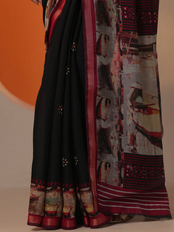Black Printed Silk Blend Saree With Unstitched Blouse Piece