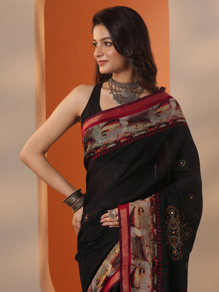 Black Printed Silk Blend Saree With Unstitched Blouse Piece