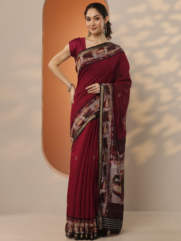 Maroon Printed Silk Blend Saree With Unstitched Blouse Piece