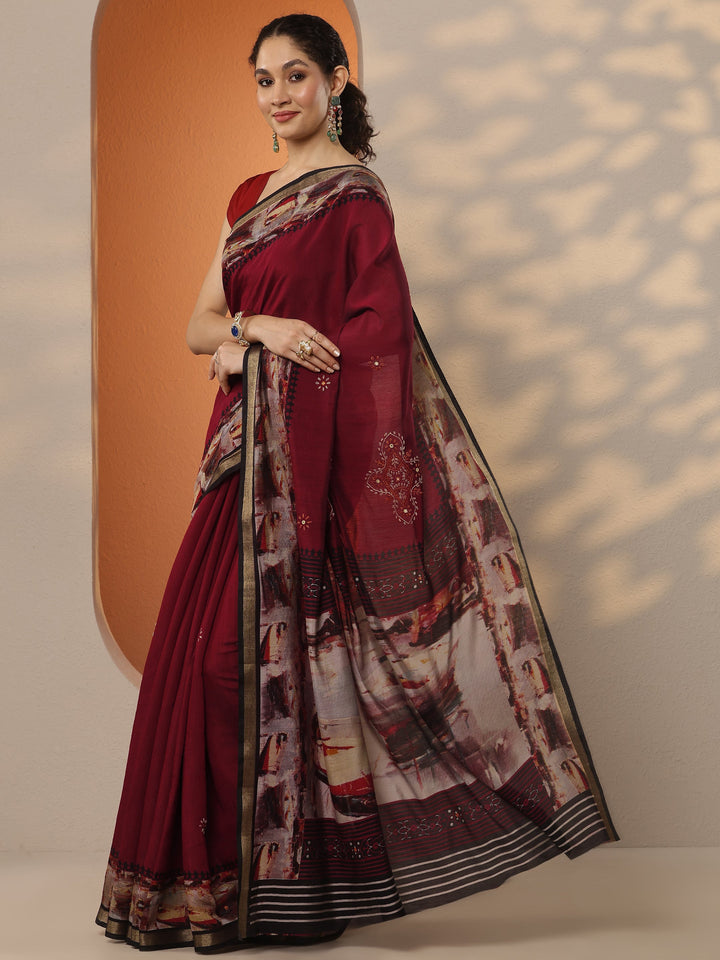 Maroon Printed Silk Blend Saree With Unstitched Blouse Piece