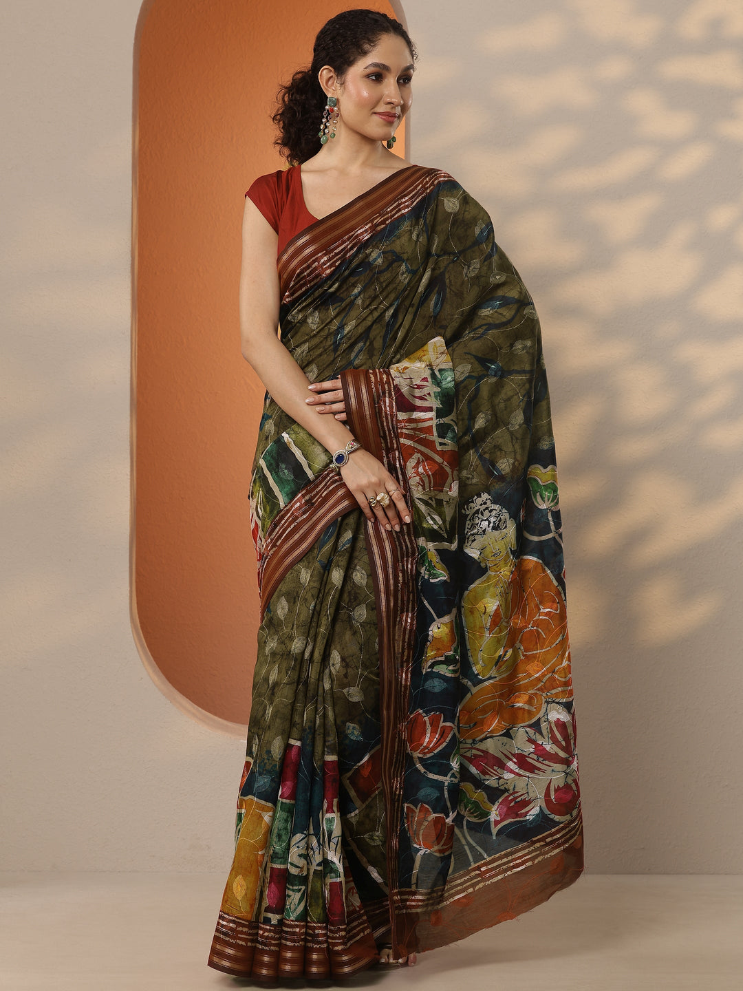 Green Printed Silk Blend Saree With Unstitched Blouse Piece