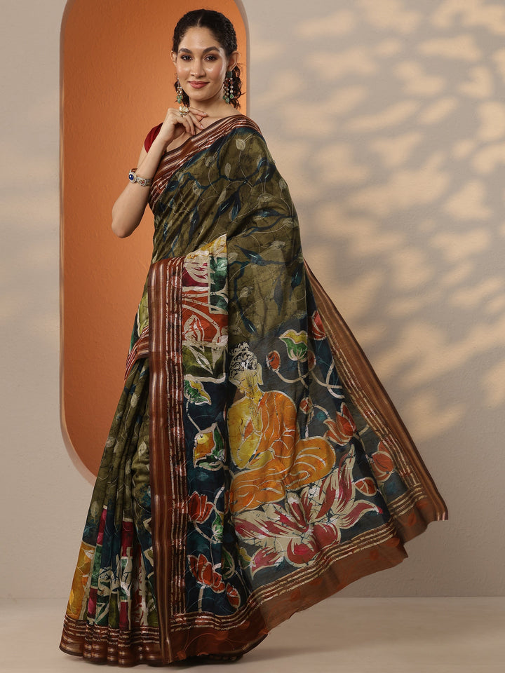 Green Printed Silk Blend Saree With Unstitched Blouse Piece