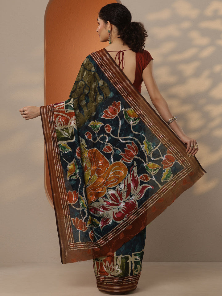 Green Printed Silk Blend Saree With Unstitched Blouse Piece
