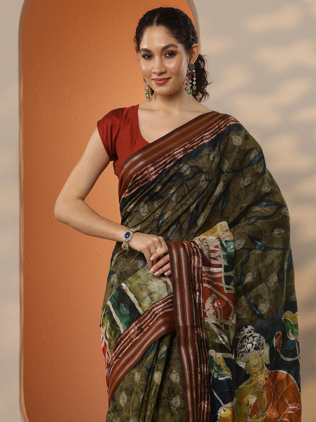 Green Printed Silk Blend Saree With Unstitched Blouse Piece