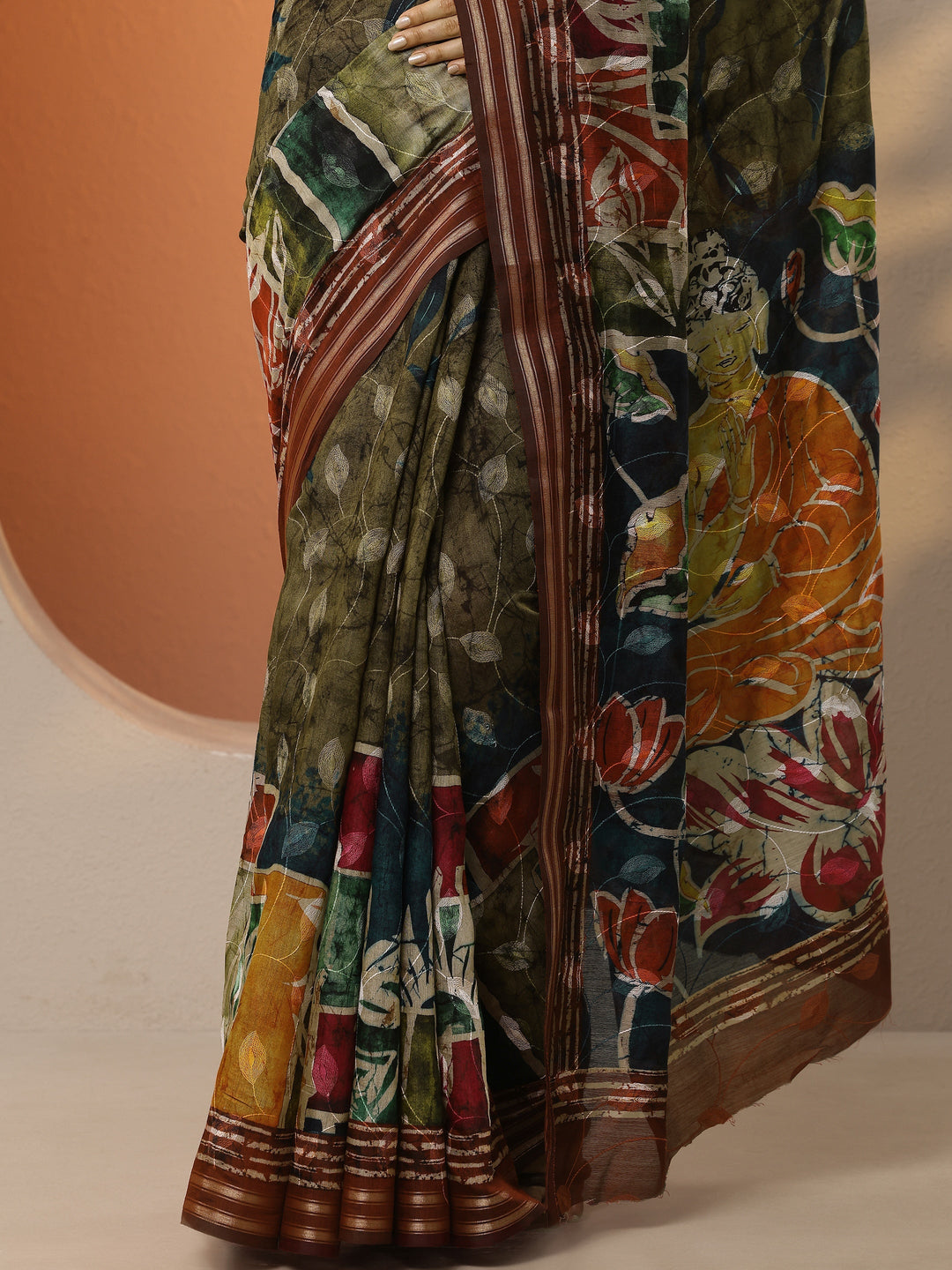 Green Printed Silk Blend Saree With Unstitched Blouse Piece