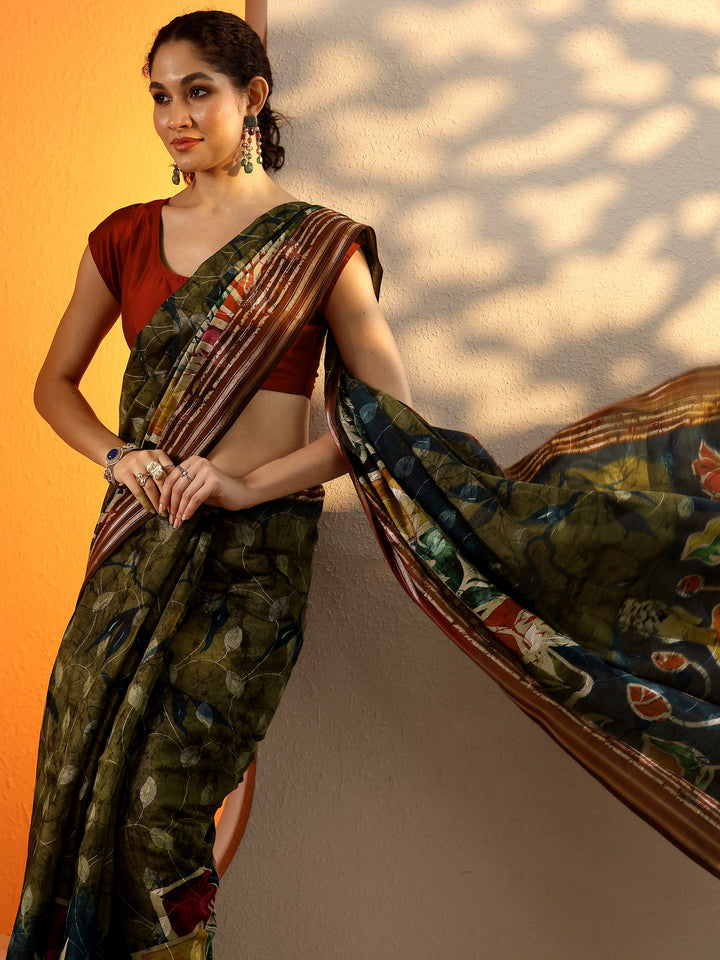 Green Printed Silk Blend Saree With Unstitched Blouse Piece