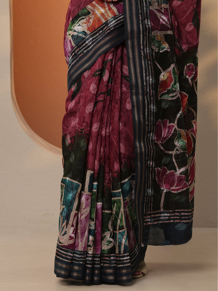 Maroon Printed Silk Blend Saree With Unstitched Blouse Piece