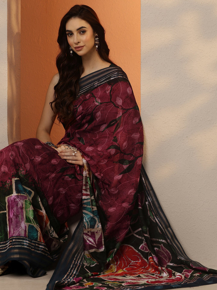 Maroon Printed Silk Blend Saree With Unstitched Blouse Piece