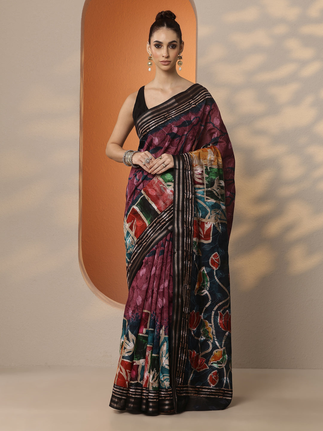 Mauve Printed Silk Blend Saree With Unstitched Blouse Piece
