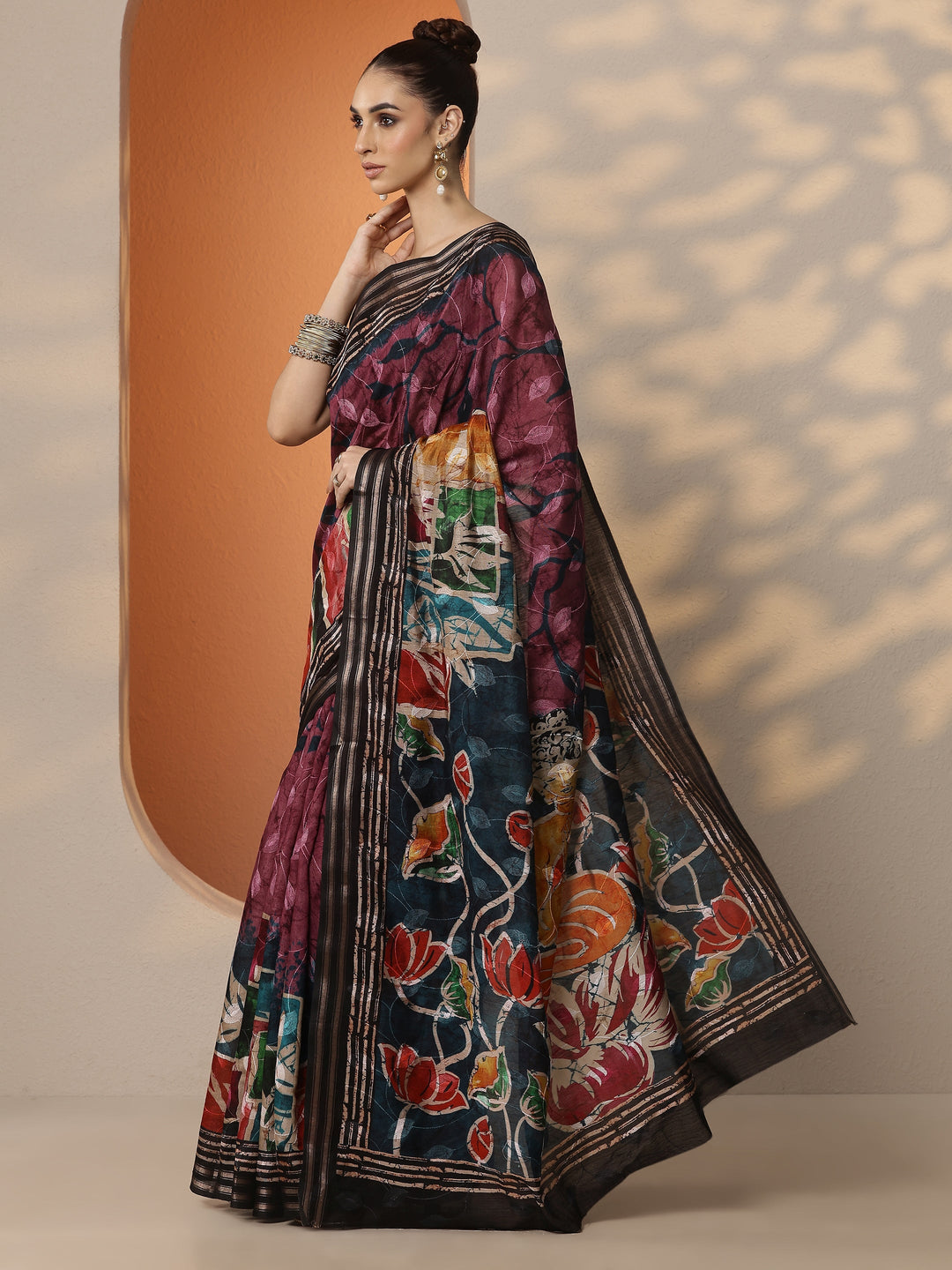 Mauve Printed Silk Blend Saree With Unstitched Blouse Piece