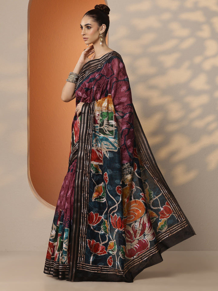 Mauve Printed Silk Blend Saree With Unstitched Blouse Piece