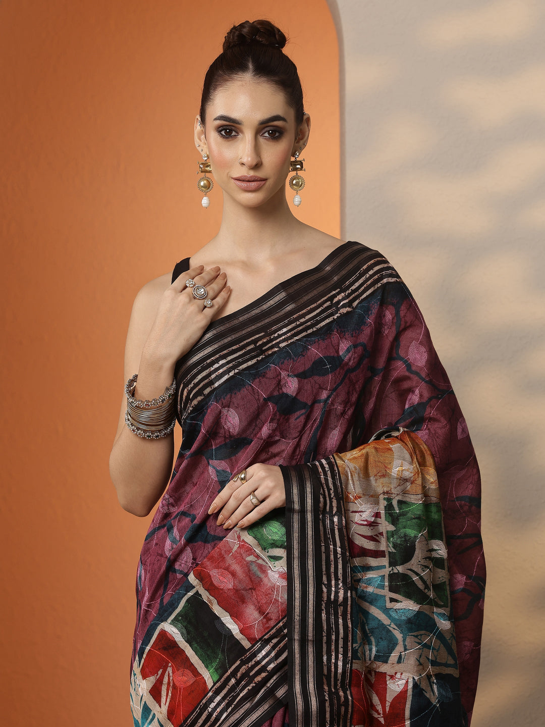 Mauve Printed Silk Blend Saree With Unstitched Blouse Piece