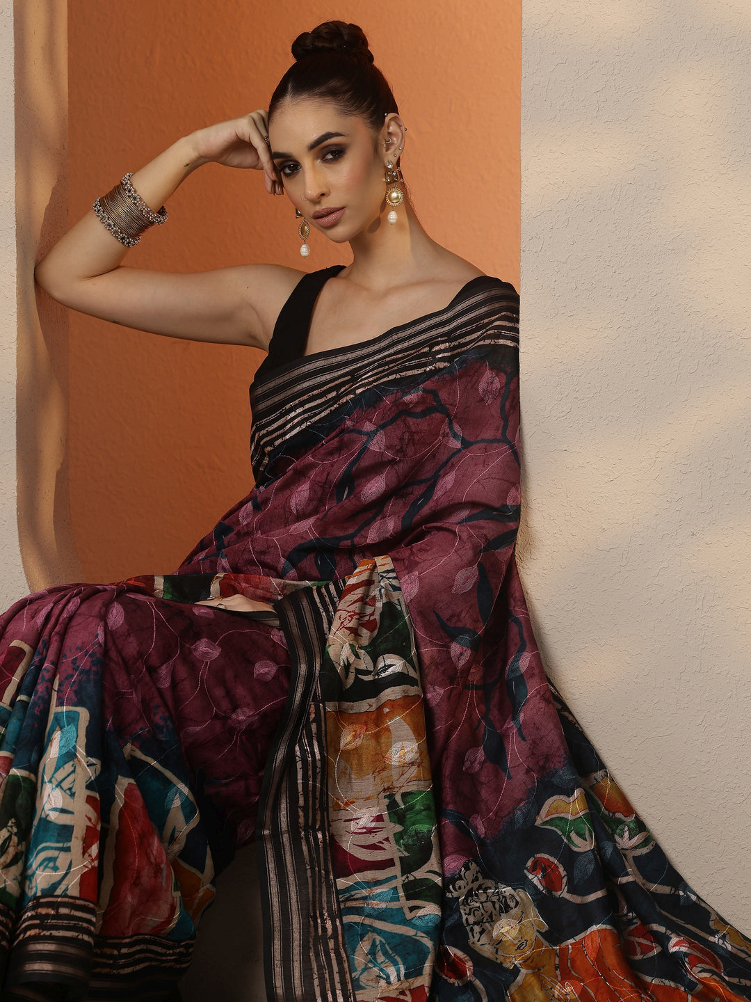 Mauve Printed Silk Blend Saree With Unstitched Blouse Piece