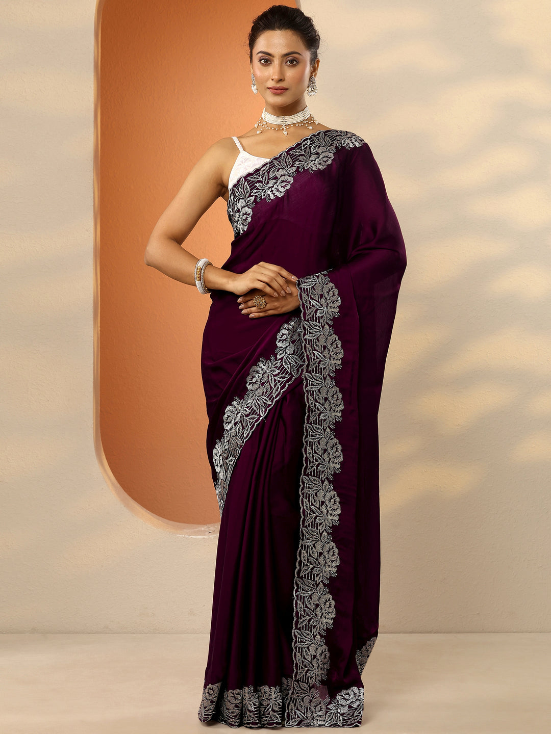 Burgundy Embroidered Pure Chiffon Saree With Unstitched Blouse Piece