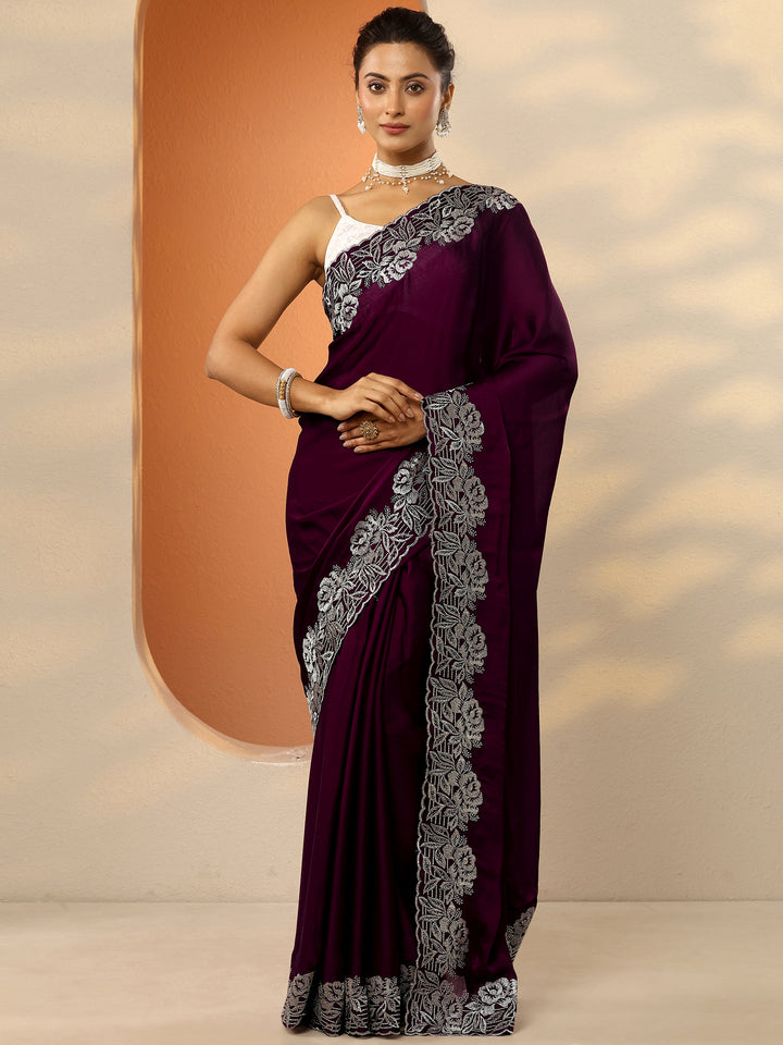 Burgundy Embroidered Pure Chiffon Saree With Unstitched Blouse Piece
