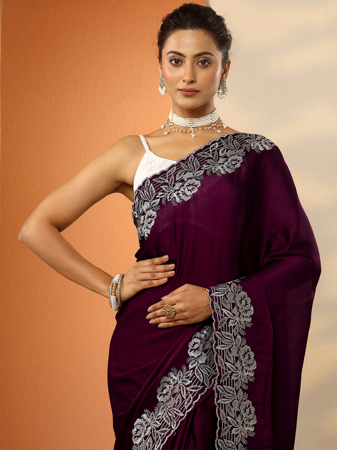 Burgundy Embroidered Pure Chiffon Saree With Unstitched Blouse Piece