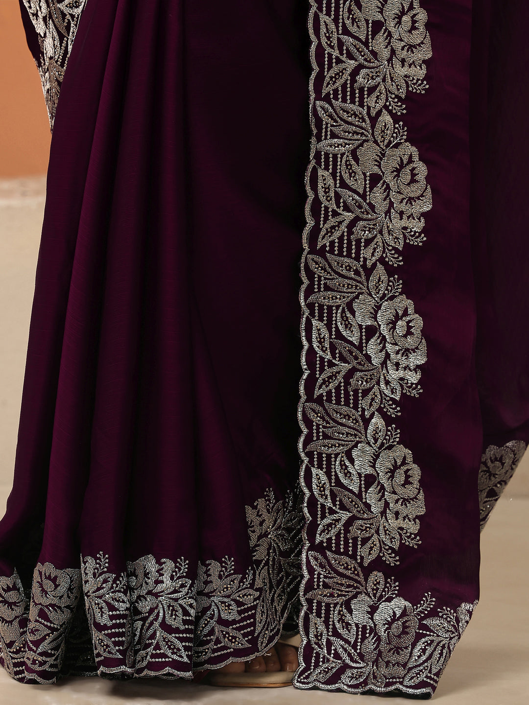 Burgundy Embroidered Pure Chiffon Saree With Unstitched Blouse Piece