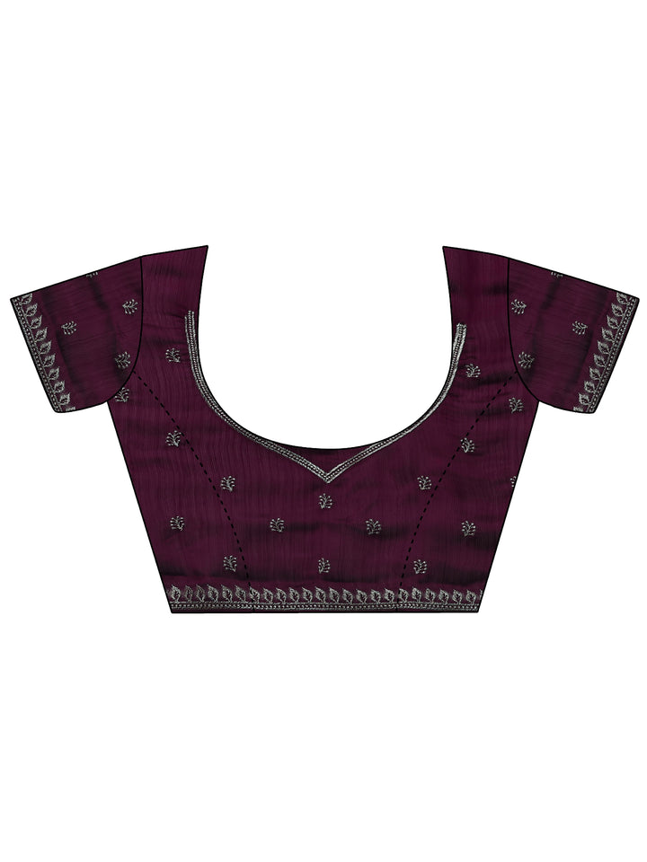 Burgundy Embroidered Pure Chiffon Saree With Unstitched Blouse Piece