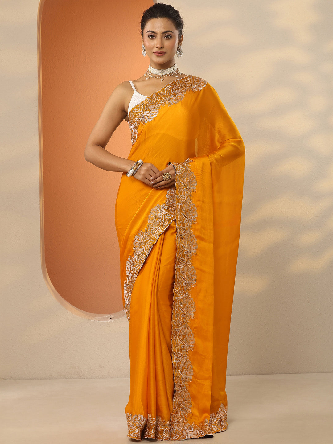 Mustard Embroidered Pure Chiffon Saree With Unstitched Blouse Piece