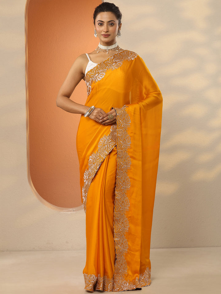 Mustard Embroidered Pure Chiffon Saree With Unstitched Blouse Piece
