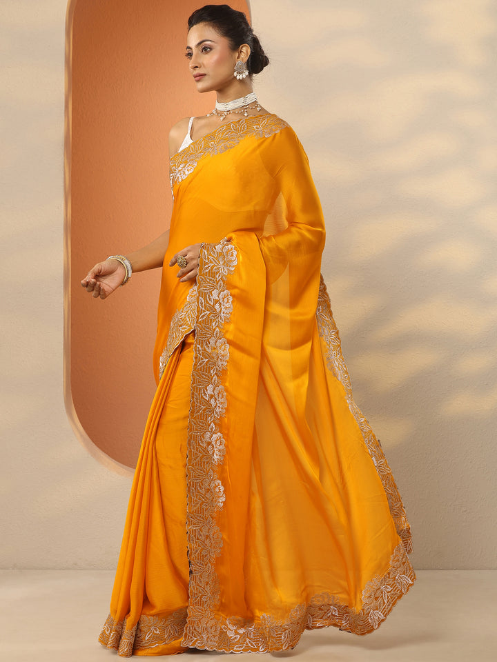 Mustard Embroidered Pure Chiffon Saree With Unstitched Blouse Piece
